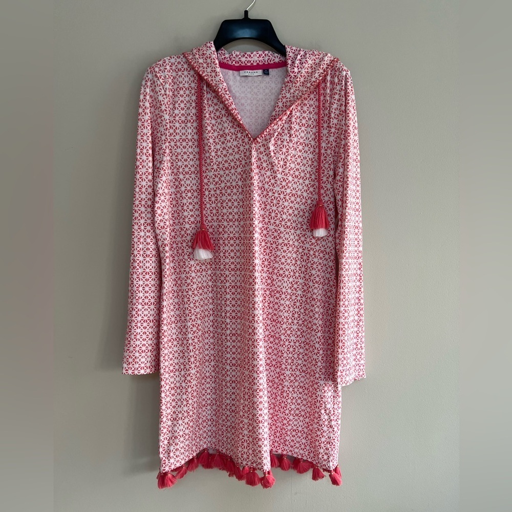 Cabana Life Algarve Hooded Cover Up Dress in Coral Pink/White, size S - Picture 2 of 13